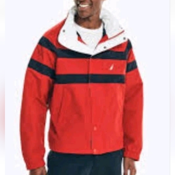 Nautica Rainbreaker Bomber Jacket XL Red Striped Hidden Hood Fisherman Yacht Nwt